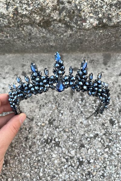 Hobigram Thalia Model Navy Blue Crown – Bride Henna Wedding Evening Dress with Stones for a Showy Hair Crown