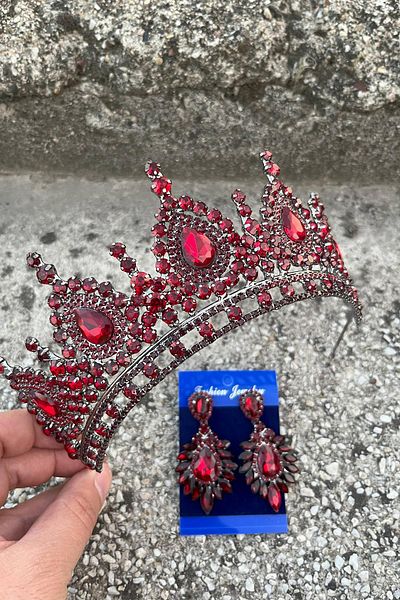 Hobigram Eveline Burgundy Crown Wide Shuttle Earring Set – Henna Engagement Wedding Evening Dress Accessory Set