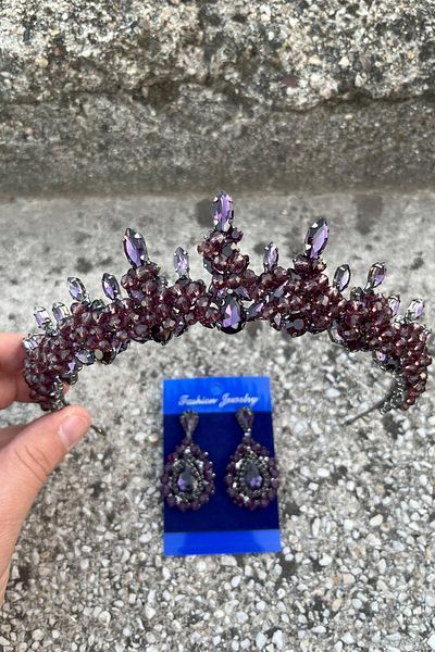Hobigram Thalia Crown Drop Shuttle Earrings Set Purple – Sparkling Evening Dress Accessory with Stones for Bridal Henna Wedding