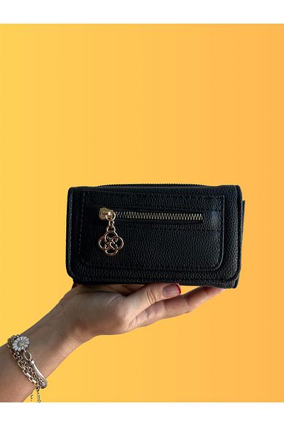 shiny ever Medium Size Women's Wallet Black Gold Detailed