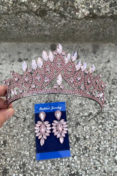 Hobigram Grace Pink Bridal Crown and Thin Shuttle Earrings Set – Wedding Evening Dress Accessory with Stones