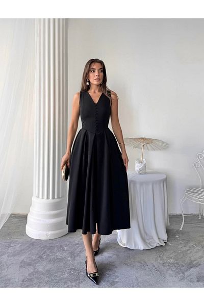 Afiş Butik Black V-Neck Button Pleated Midi Dress