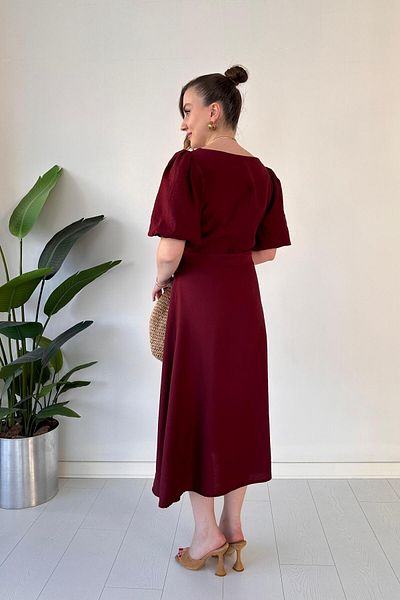MaziButik Square Neck Balloon Sleeve Dress Burgundy