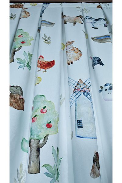 Yuka Children's and Baby's Room Background Curtain Velvet Textured Farm Theme Pattern Printed Single Wing 1/2.5 Medium Pleated