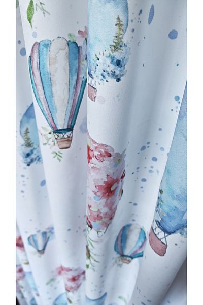 Yuka Children's and Baby's Room Background Curtain Velvet Textured Flying Balloon Pattern Printed Single Wing 1/2.5 Medium Pleated