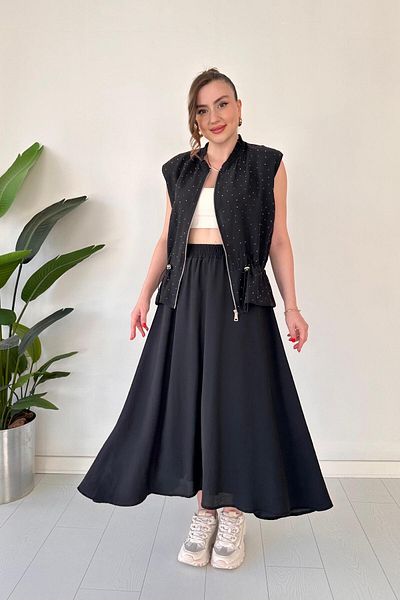 MaziButik Glitter Jacket and Skirt Suit Black