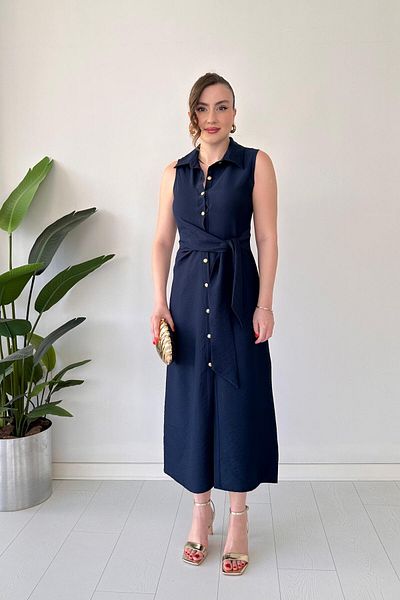 MaziButik Side Tie Sleeveless Dress Navy Blue