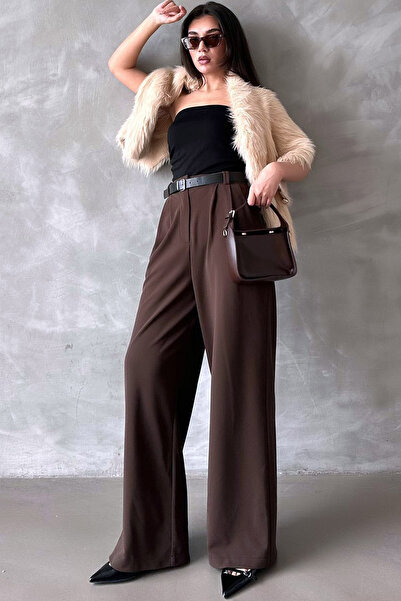 CoolLook Çift Pileli Rahat Kesim Kemerli Yüksek Belli Cepli Tarz Günlük Esnek...