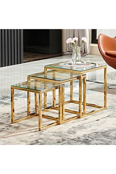 private house Set of 3 golden stainless steel serving tables