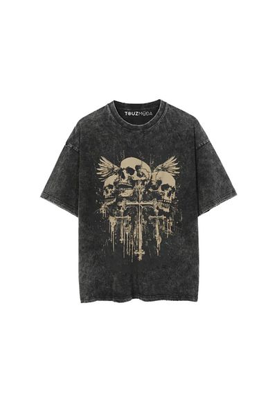Redboxbutik Gothic Skull Cross Printed Unisex Oversize T-Shirt