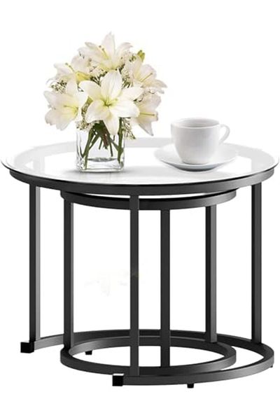 AGD Nesting Glass Coffee Table Set of 2, Modern Round Metal Side Table for Living Room Bedroom Small