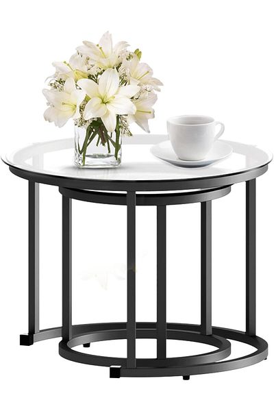 AGD Nesting Glass Coffee Table Set of 2, Modern Round Metal Side Table for Living Room Bedroom Small