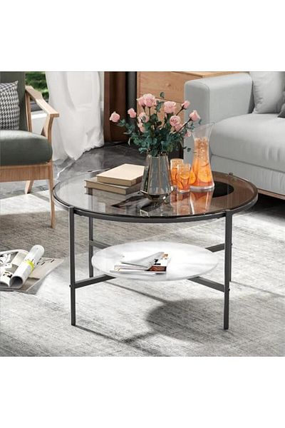 AGD 2-Tier Round Coffee Table, Luxury Modern Center Table with Large Tempered Glass Top and Low Sint