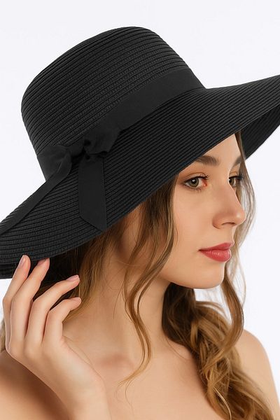 SUVE GOLD Ribbon Detailed Straw Hat – Wide Brim Summer Beach Hat Black