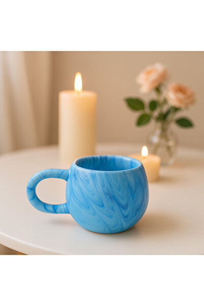 SırART U KULP MAVİ EBRULİ DESENLİ EL YAPIMI SERAMİK KUPA