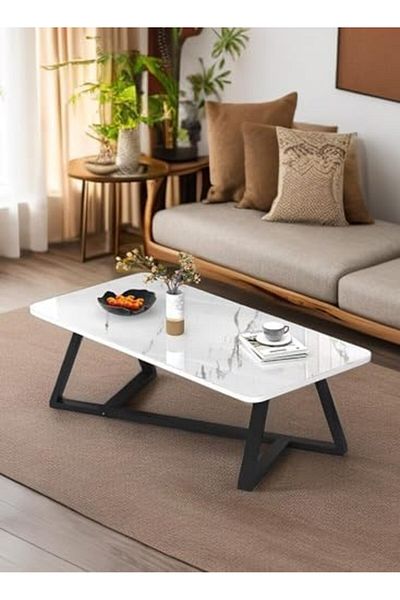 AGD Coffee Table for Living Room, High Quality Steel Frame, Rectangular Multifunctional Table/ White
