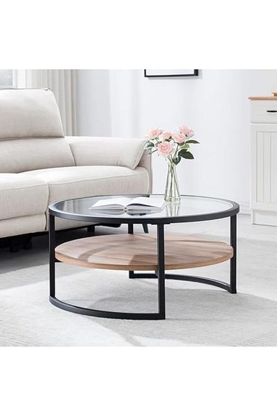 AGD 2-Tier Glass Coffee Table Round Side Table for Living Room, Office, Hall 45x70cm