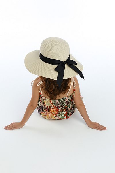 SUVE GOLD Ribbon Detailed Straw Hat – Wide Brim Summer Beach Hat Beige