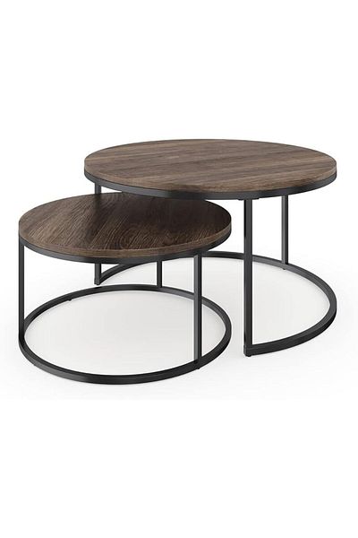 AGD Round Coffee Table, Set of Two with Wooden Top and Sturdy Metal Frame
