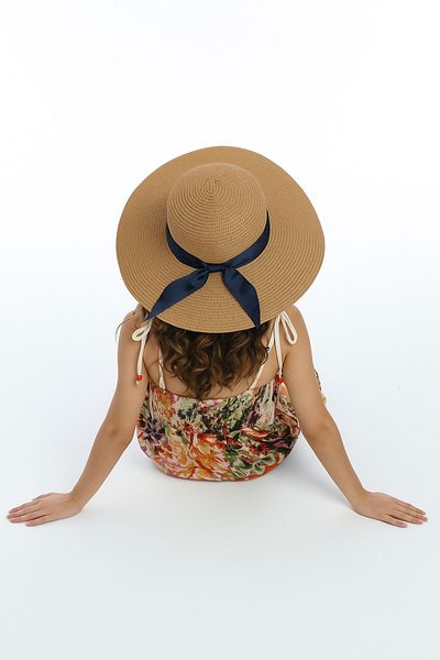 SUVE GOLD Ribbon Detailed Straw Hat – Wide Brim Summer Beach Hat Camel