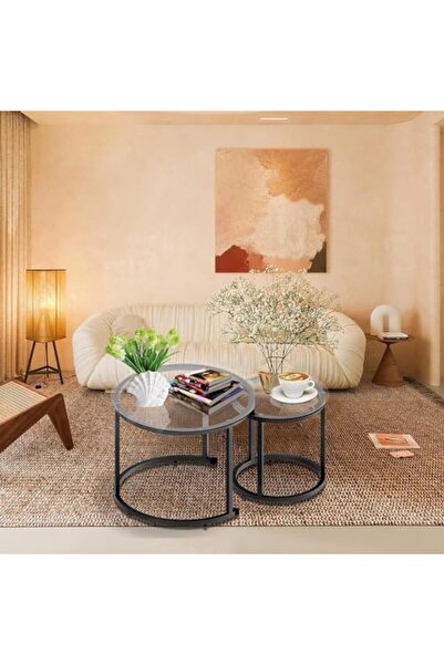 AGD Nested Glass Coffee Table Set in Black, Modern Round Side Table for Living Rooms and Apartments