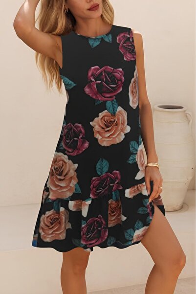 JANES Дамска рокля от единичен джърси без ръкави и гръб с волани и леопардов ...