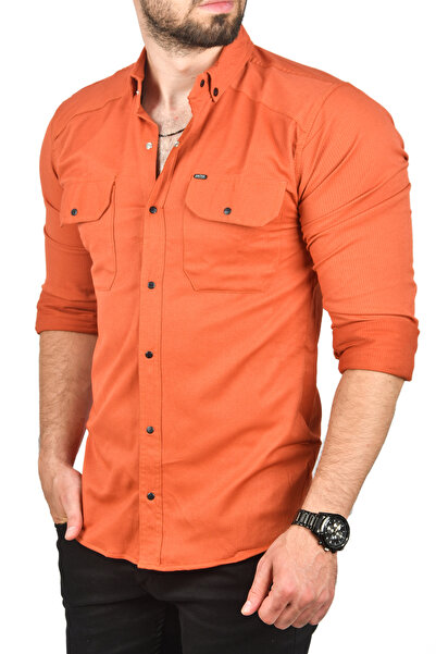 DeepSEA Erkek Kiremit Likralı İnce Fitilli Çıtçıtlı Çift Cepli Kot Gömlek 230...