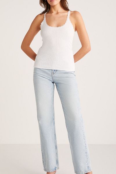 Marsilyan Women's White Regular Fit Lace Detailed Thin Strap Hollow Neck Undershirt