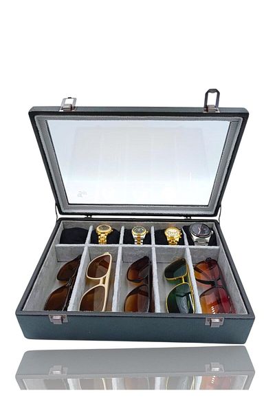 DİJİTAL ÇARŞI MAĞAZACILIK Diji 5 Glasses 5 Watch Box Watch and Glasses Bag Black Inside Gray Black Padded