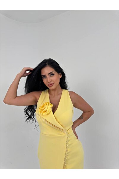 asyadabutik Özel Tasarım Gül Detay Kruvaze Yaka Taş Detaylı Asimetrik Kesim Elbise