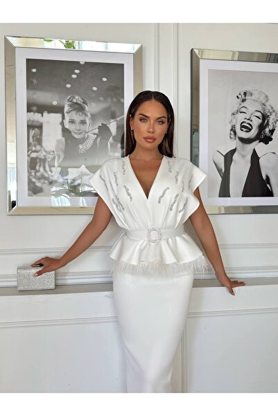 Monchoix Kadın Özel Tasarım İthal Kumaş Omuz Detaylı Kemerli Astarlı Düğün & Söz & Nişan & Mezuniyet Elbisesi