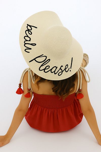 SUVE GOLD Embroidered Straw Beach Hat – Summer Wide Brim Model Cream