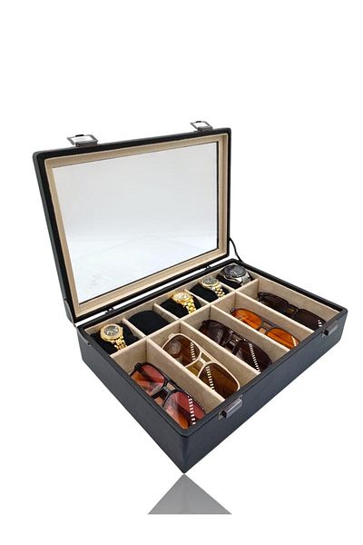 DİJİTAL ÇARŞI MAĞAZACILIK Diji 5 Glasses 5 Watch Box Watch and Glasses Bag Black Inside Cream Black Padded