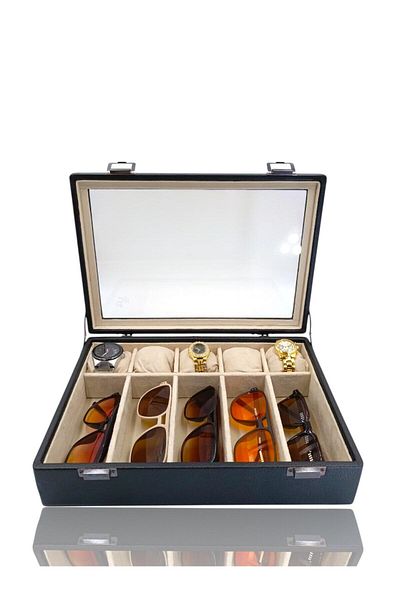 DİJİTAL ÇARŞI MAĞAZACILIK Diji 5 Glasses 5 Watch Box Watch and Glasses Bag Black Inside Cream Cream Padded