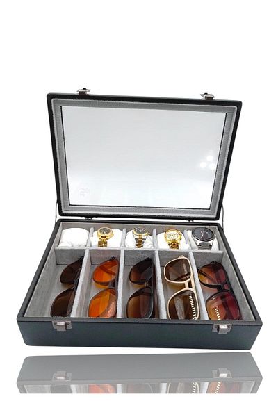 DİJİTAL ÇARŞI MAĞAZACILIK Diji 5 Glasses 5 Watch Box Watch and Glasses Bag Black Inside Gray White Padded