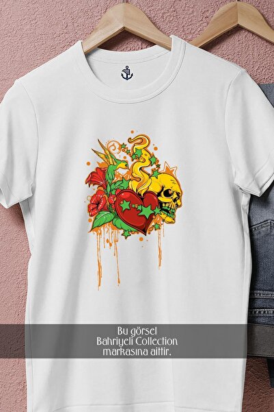 Bahriyeli Collection Μπλουζάκι Unisex με σχέδιο εικονογράφησης πουλιών και καρδιάς oversized