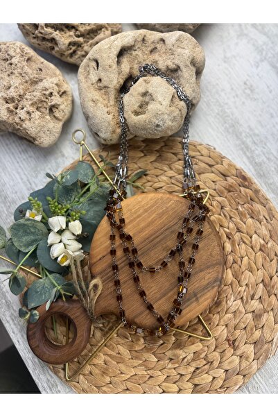 SEDEF TAKI Uzun kahve taşlı sıra taşlı kolye