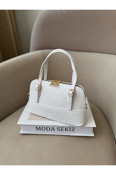 Moda Sekiz Women's Crocodile Detailed Patent Leather Faux Leather Cross Strap Hand and Shoulder Bag