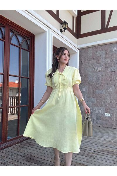 badibadii Women's V-Neck Yellow Muslin Fabric Short Sleeve Dress