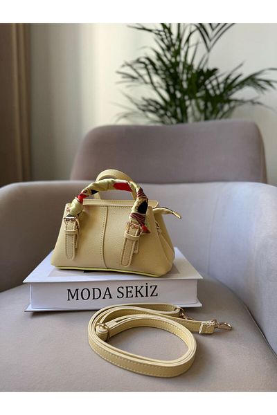 Moda Sekiz Mini șal de culoare galben unt pentru femei, cu accesorii, geantă de mână și de umăr