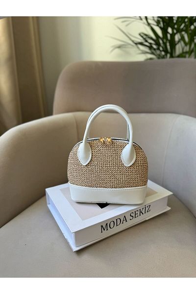 Moda Sekiz Women's Straw Faux Leather Detail Mini Cross Strap Hand and Shoulder Bag