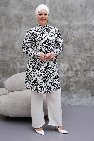 Polologin Butik Baroque Patterned Black and White Tunic