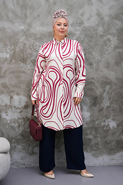 Polologin Butik Burgundy White Modern Pattern Tunic