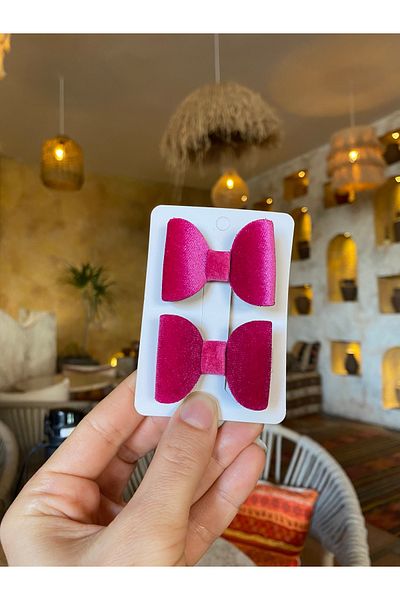 Little Sparkle Co. Set de catarame cu clemă din catifea cu fundă fucsia