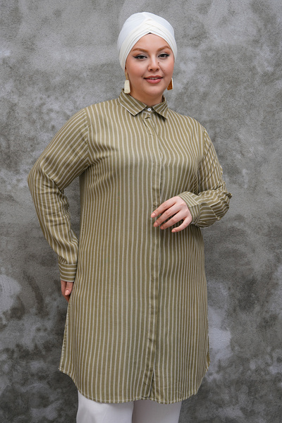 Polologin Butik Çizgili Haki Renkli Tunik