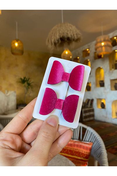 Little Sparkle Co. Set de catarame cu clemă din catifea cu fundă fucsia