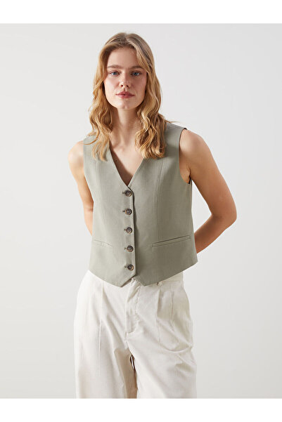 LC Waikiki Nevavm with a Difference Lcw Vision Khaki V-Neck Linen Blended Wom...