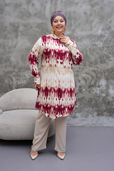 Polologin Butik Patterned Burgundy White Long Tunic