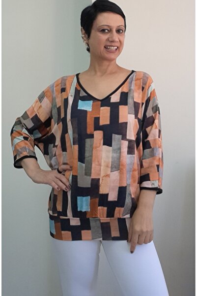 Mertcan Butik V-Neck Black Blue Orange Multi Color Bat Three Quarter Sleeve Combed Viscose T-Shirt