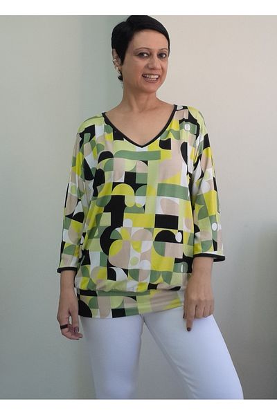 Mertcan Butik V-Neck White Yellow Black Pattern Bat Three-Quarter Sleeve Combed Viscose T-Shirt